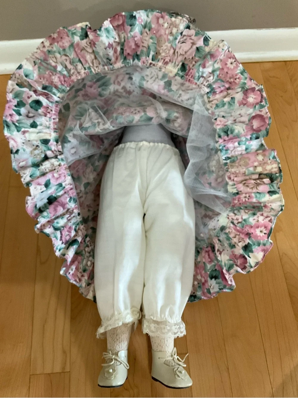 Vintage-Style Floral Porcelain Doll in Pink and Green Dress
